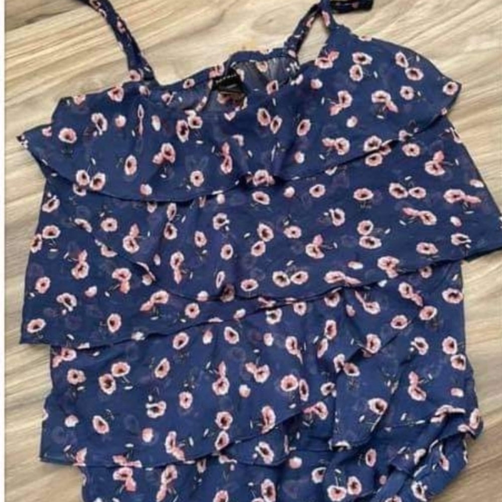 Torrid Blue Pink Floral Ruffle Chiffon Banded Bottom Sleeveless Camisole Top - Picture 5 of 5